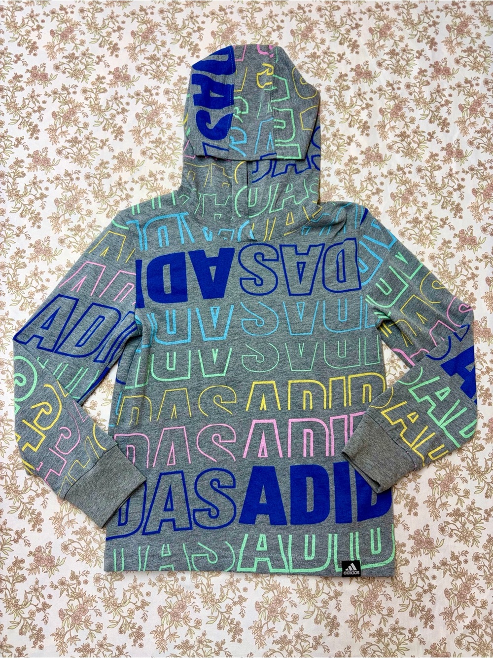 adidas Gray Hoodie with Blue, Pink, Yellow & Green Logo Print Kids 5